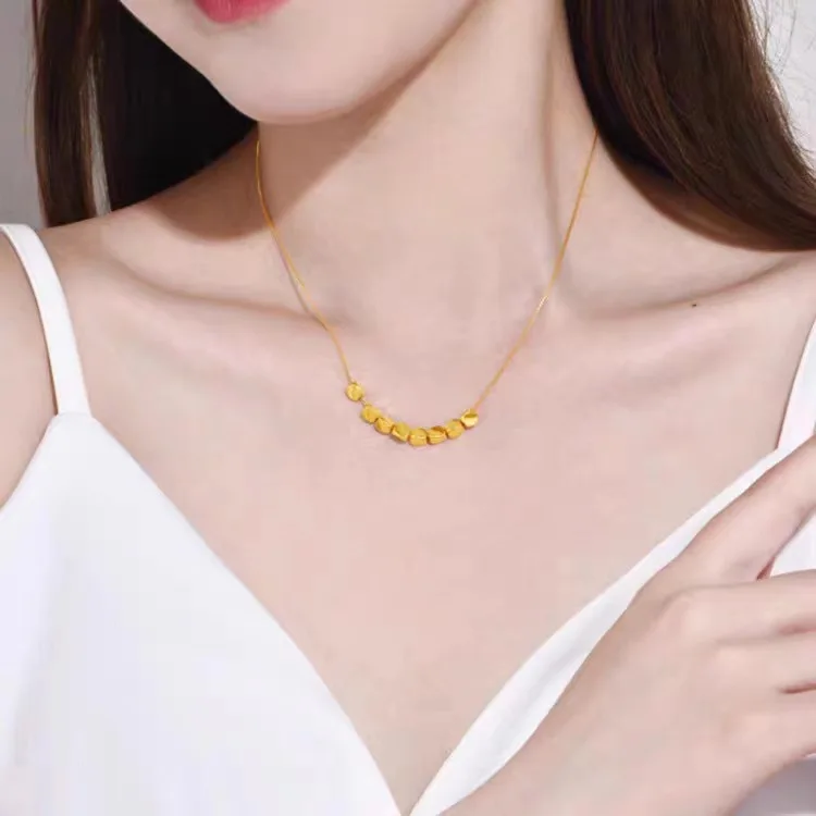 24K Real Gold Small Candy Quad Dishes Bead Necklace for Women 9999 High-end Sense Shattered Silver Several  Clamboy Chain