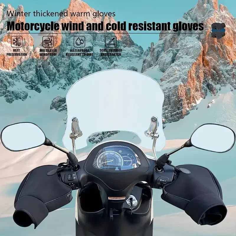 Motorcycle Handlebar Cover 1 Pair  Winter Thermal Gloves Waterproof Handmuffs Windproof Warm Handle Thickened Reflective Strips