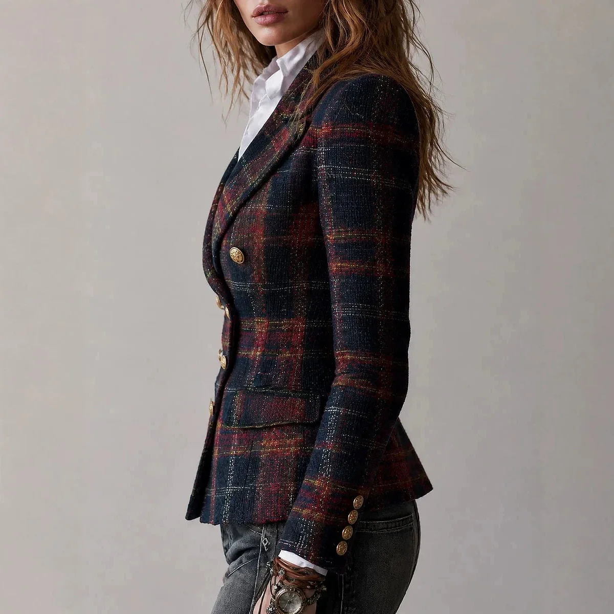 Women's Vintage Plaid Wool Blazer Jacket Notched Lapel Double Breasted Slim Fit Long Sleeve Winter Elegant Checkered Tweed Coat