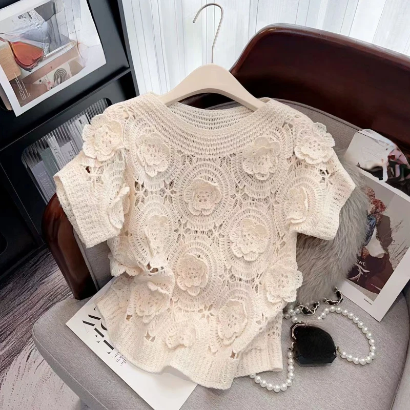 2024 Summer Women Fashion Corchet Beige White Flower Hollow Out Short Sleeve Top Shirt , Woman Fashion Clothing Knit Tops Shirts