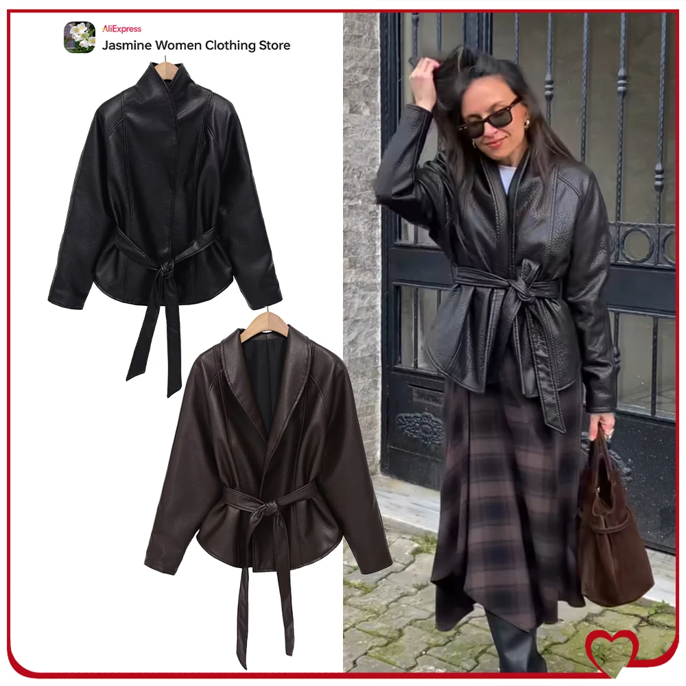 Elegant Chic Faux Leather Belted Jackets for Women New in Spring & Autumn Stylish High Neck Jacket with Adjustable Self Tie Belt