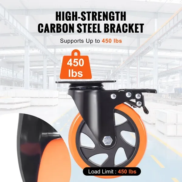 5-inch Swivel Casters, Set of 4, PVC No Noise, 450 lbs, Locking, Non-Marking for Cart Furniture