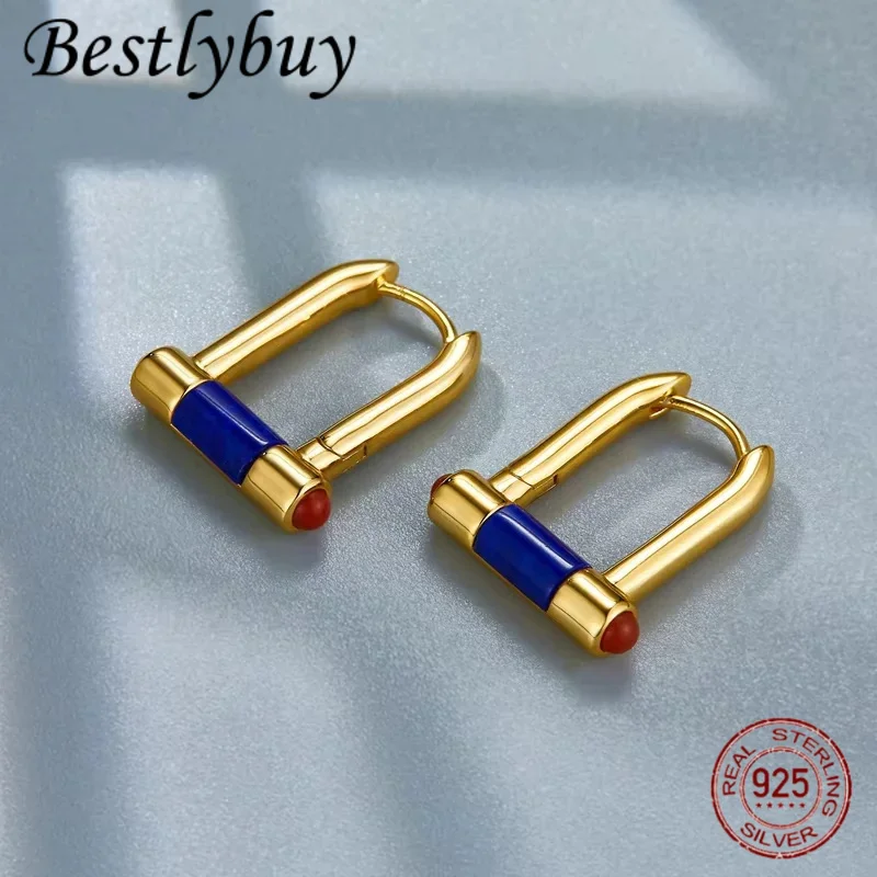 

Французские модные серьги-кольца из серебра 925 пробы с позолотой Lapis Lazuli Huggie U-образные серьги-кольца из агата, маленькие серьги для женщин, подарок для любви