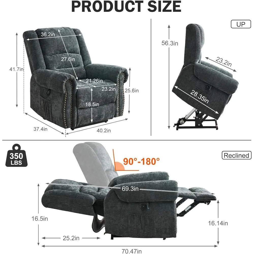كرسي بمحرك مزدوج لكبار السن مع حرارة، تدليك، منافذ USB، رمادي أزرق شانيل #2