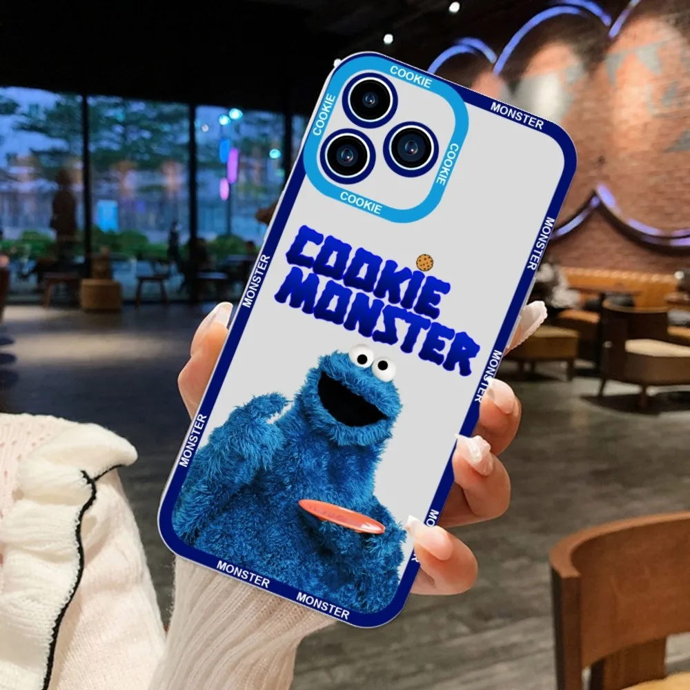 Cartoon Cookie Monster Phone Case For iPhone 11 12 Mini 13 14 15Pro Max Transparent Shell