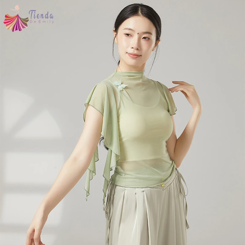 Classical Dancewear Women Top Short Sleeve Shirt Gauze Mesh Half High Neck Summer Flowy Stage Practice Tops Performance Costume