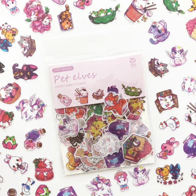 100pcs/pack Cute Kawaii Cat Green Plant Stickers Journal Decorative Stickers Scrapbooking Diary Stationery Album Girls Stickers