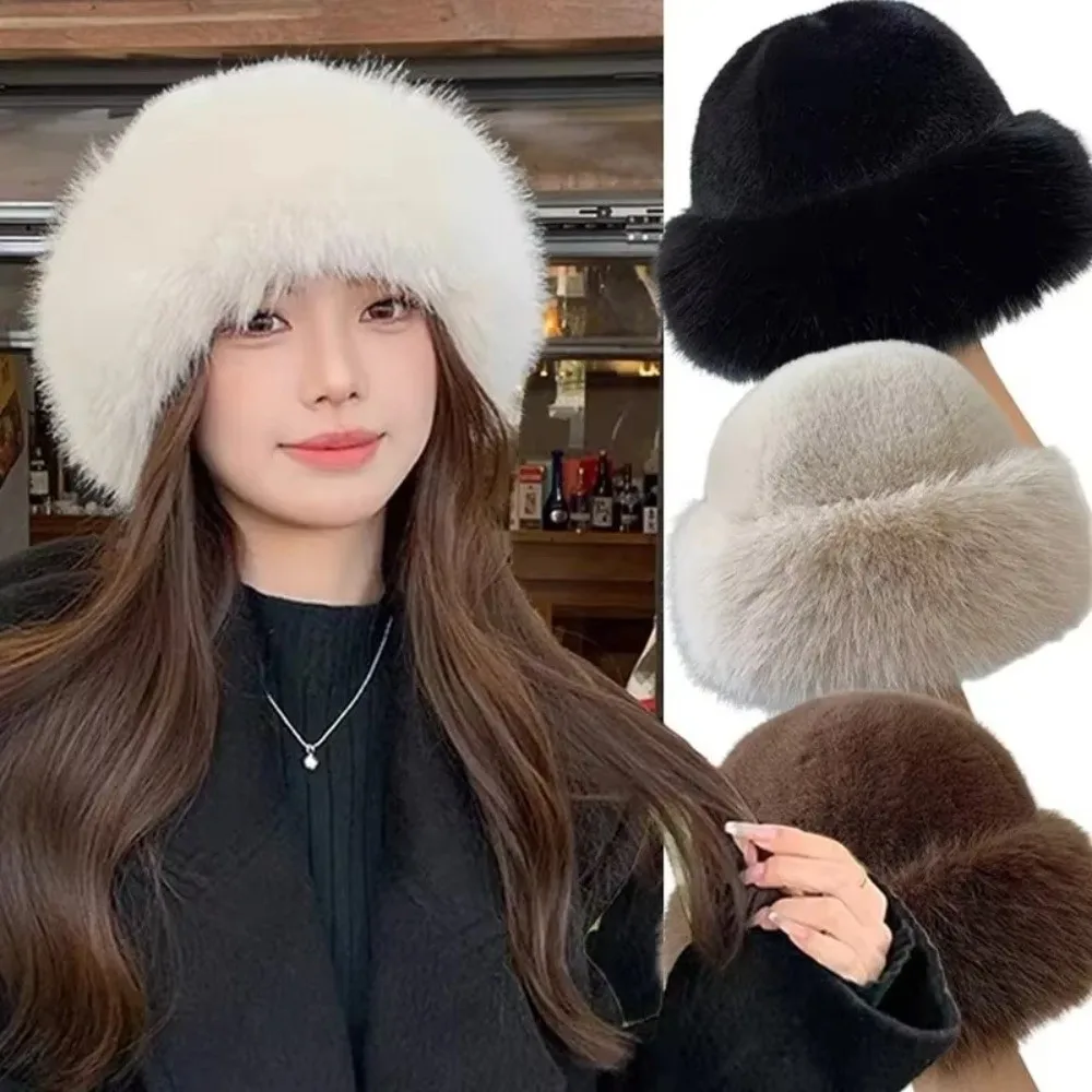 

Fashion Headwear Fluffy Fur Winter Hat Plush Solid Color Fisherman Hat Thicken Cold Windproof Panama Cap Chrismas Gifts