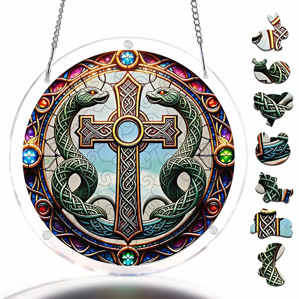 Celtic Cross And Serpents Stained Glass Pattern Acrylic Puzzle Suncatcher, 57 Pieces Acrylic Jigsaw Puzzle Ornaments