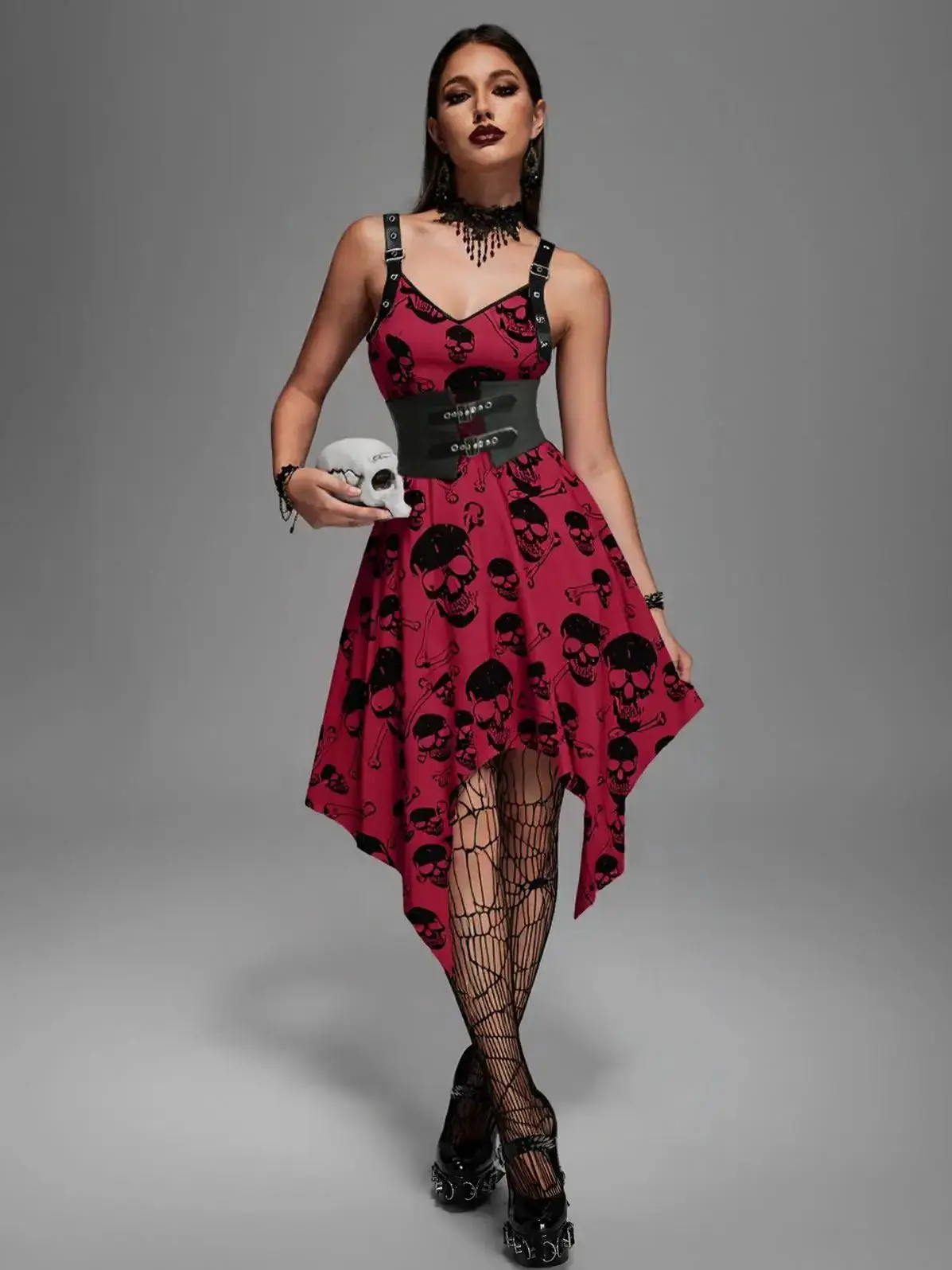 ROSEGAL Abito gotico stampato con osso di teschio con cintura rimovibile, abito rosso senza maniche da donna con fazzoletto floccato
