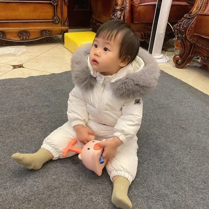 0-4 Years Winter White Duck Down Baby Girls Boys Romper Real Fur Hooded Infant Jumpsuit Casual Thick Warm Snow Wear XMP392