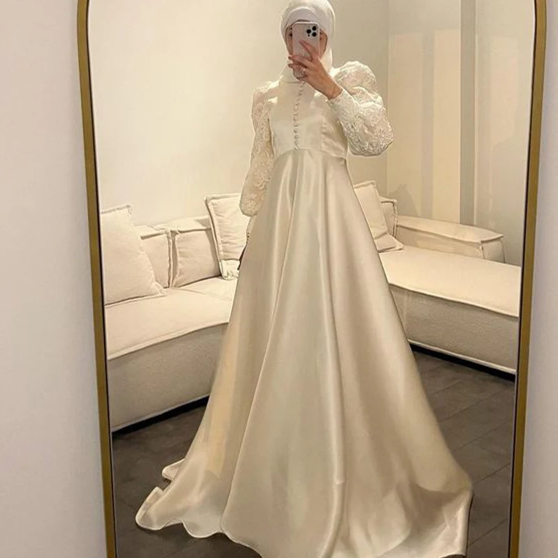 

Glossy Wedding Dresses for Hijab Women Long Puff Sleeves A Line Lace Button Muslim Bridal Gowns robe de mariée