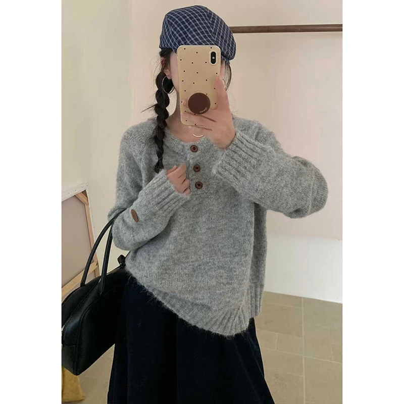 Moda botão guarnição oversized camisola de malha feminina coreano muti-cor macio o-pescoço pullovers solto cor sólida all-match jumpers