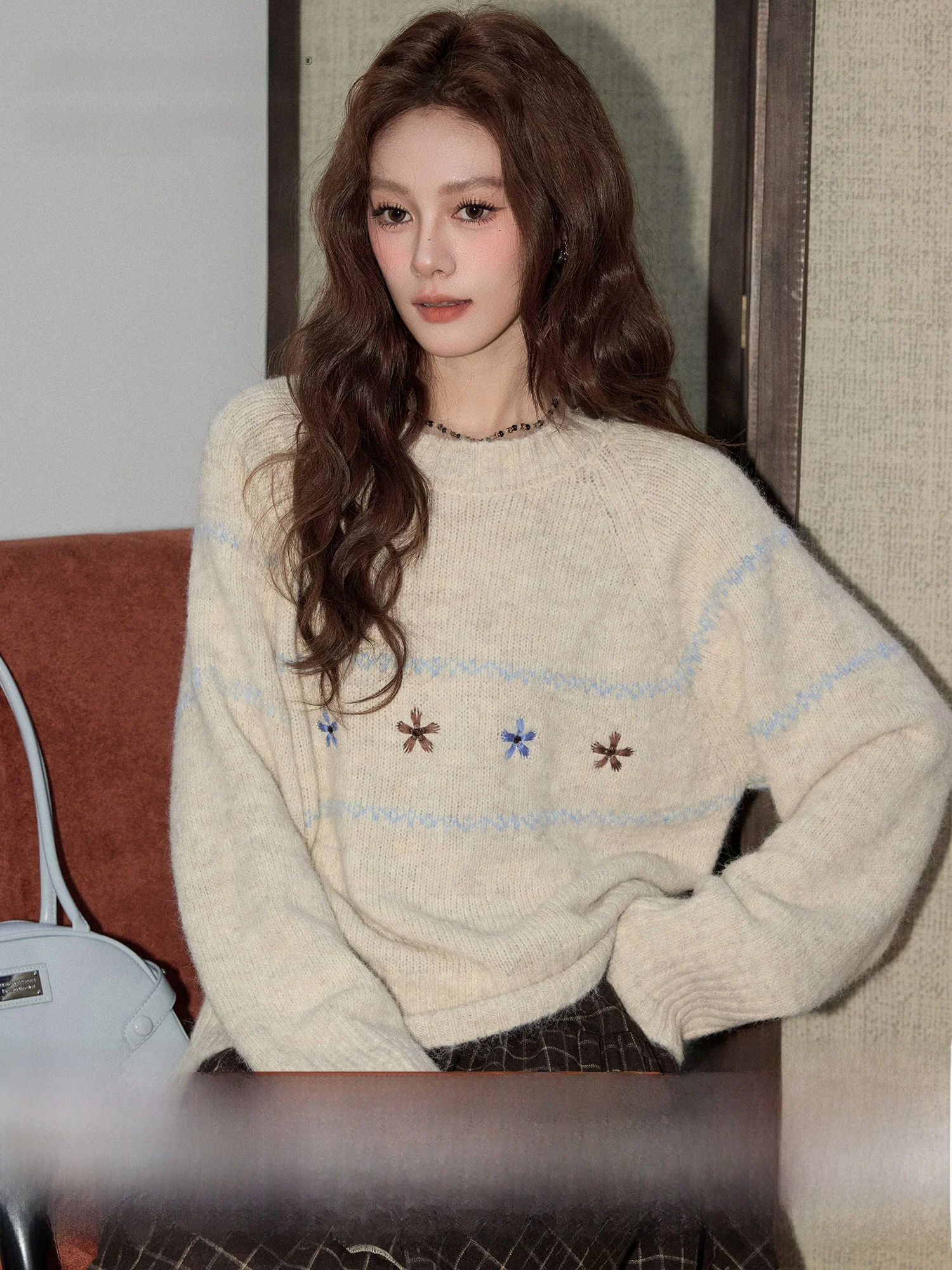 

Commuter Sle Fair Isle Knitwear Women's round Ne Soft Cozy Sweater Casual Loose Fit Long Sve Plant Floral Pattern