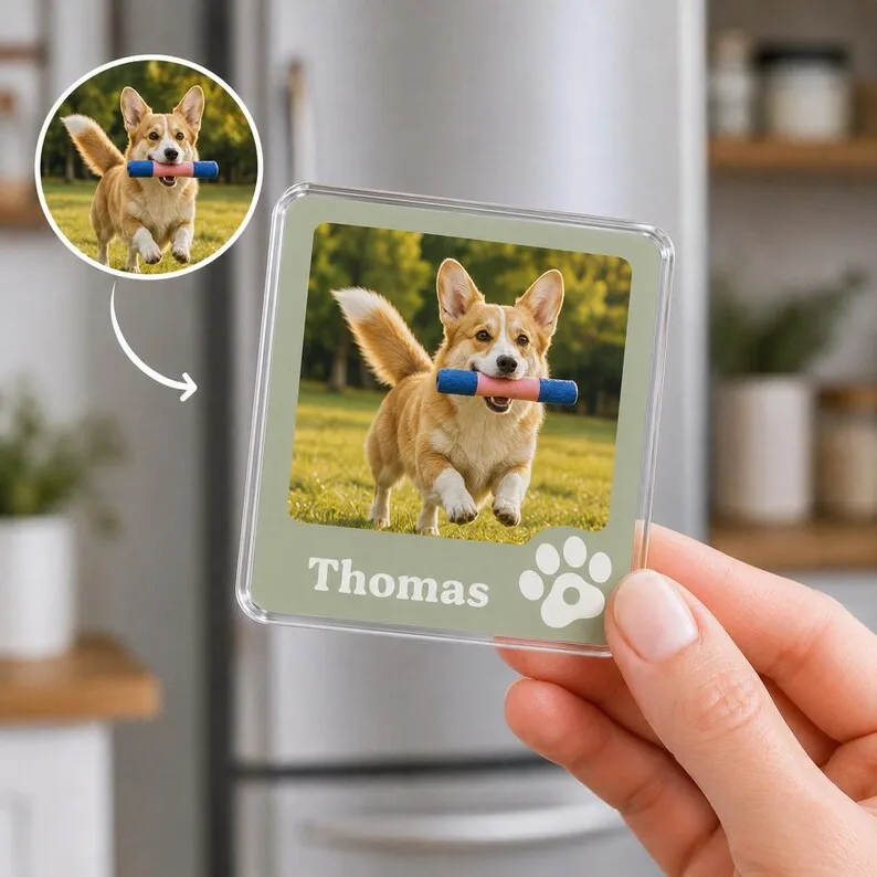 Customized Dog Cat Photo Fridge Magnet Personalized Pet Name Acrylic Refrigerator Sticker Memorial Present For Pet Lover Owner