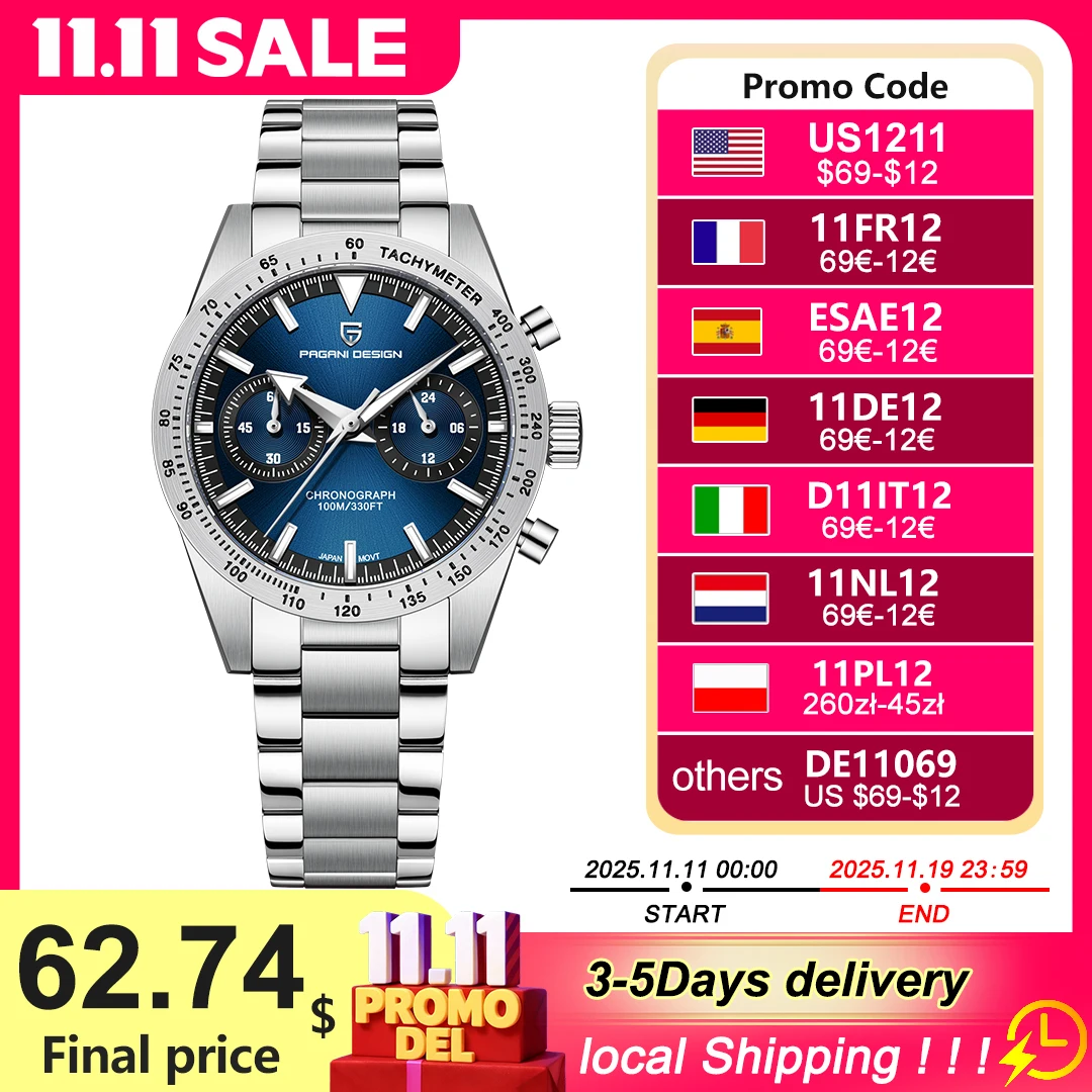 PAGANI DESIGN ساعات رجالي ريترو مون 2025 العلامة التجارية الفاخرة ساعة كوارتز للرجال كرونوغراف AR الياقوت الزجاج مقاوم للماء الرياضة