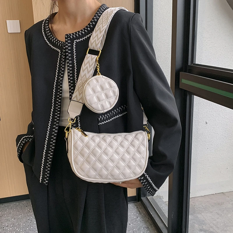 2023 Fashion Trend Women Small Shoulder Bag Black White Color Hobo Bag Grid Pattern Soft PU Leather Female Cross Body Bag