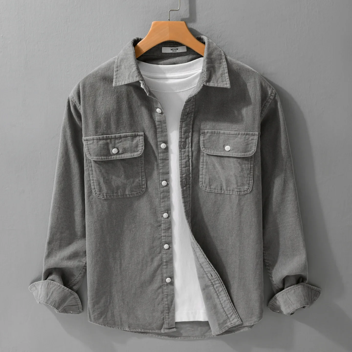 

Japanese Vintage Cargo Shirt Men Autumn New Mens Long Sleeve Shirt Lapel Double Pockets Corduroy Top Pure Cotton Casual Shirts