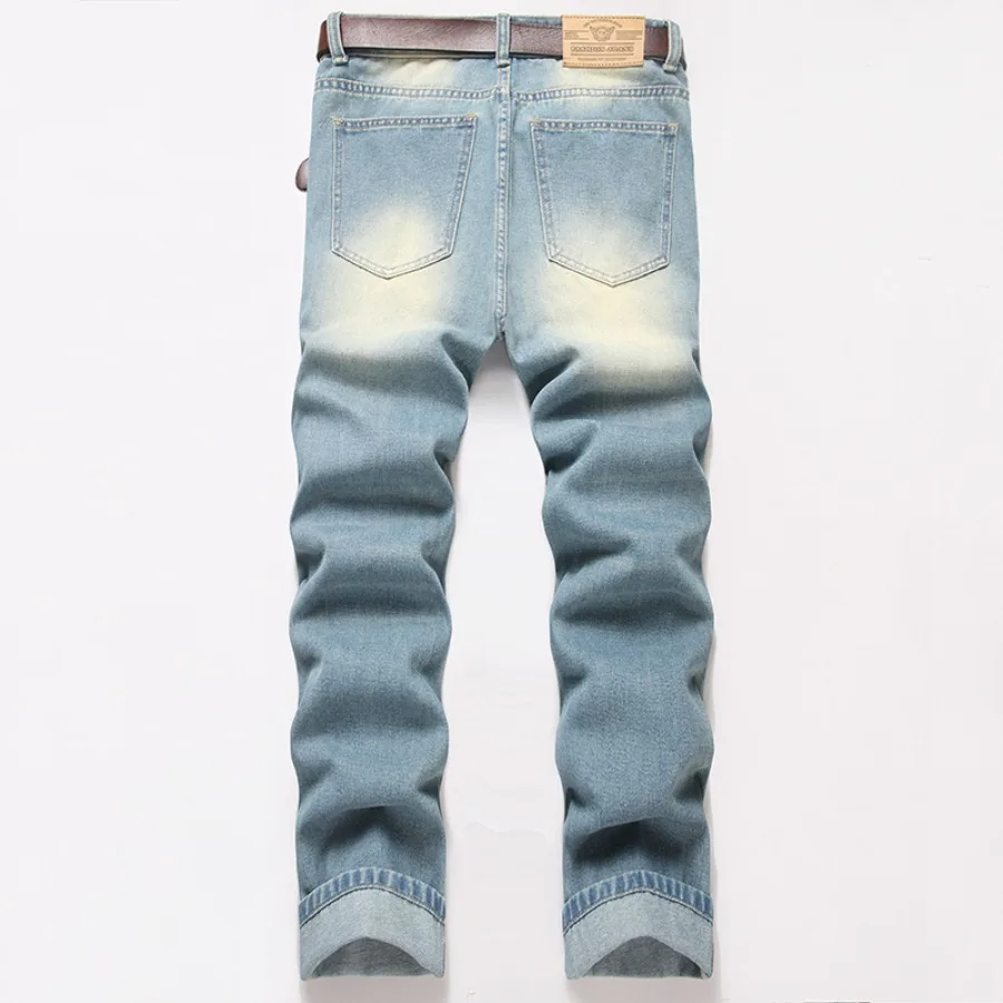 Autumn new retro jeans men's fashion trend American patch high street loose straight leg pants