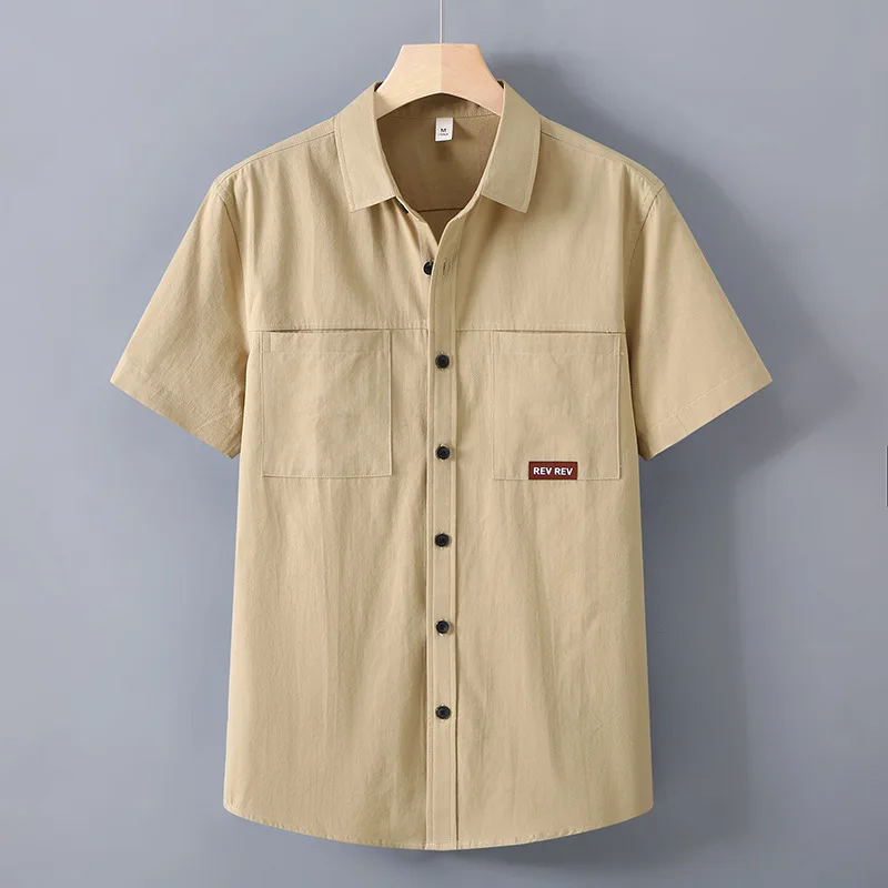 High-quality Pure Cotton Cargo Short Sleeve Shirt For Men Solid Color Summer Loose Oversized Work Shirt With Chest Double Pocket