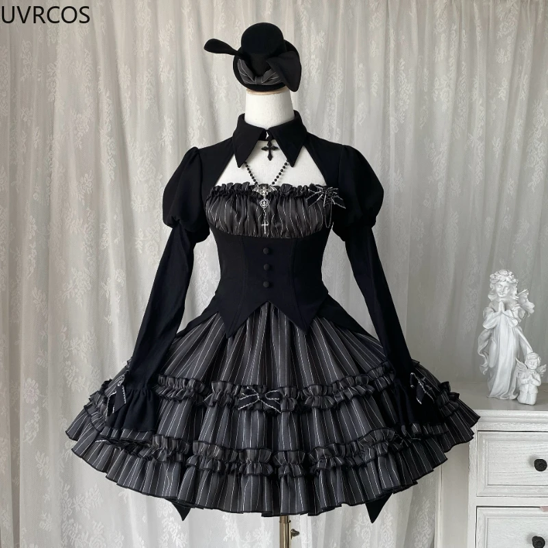 Vintage Gothic Lolita Dress Sets Women Halloween Duke Cosplay Costumes Harajuku Y2k Party Mini Dresses Punk Dark Stripe Dresses