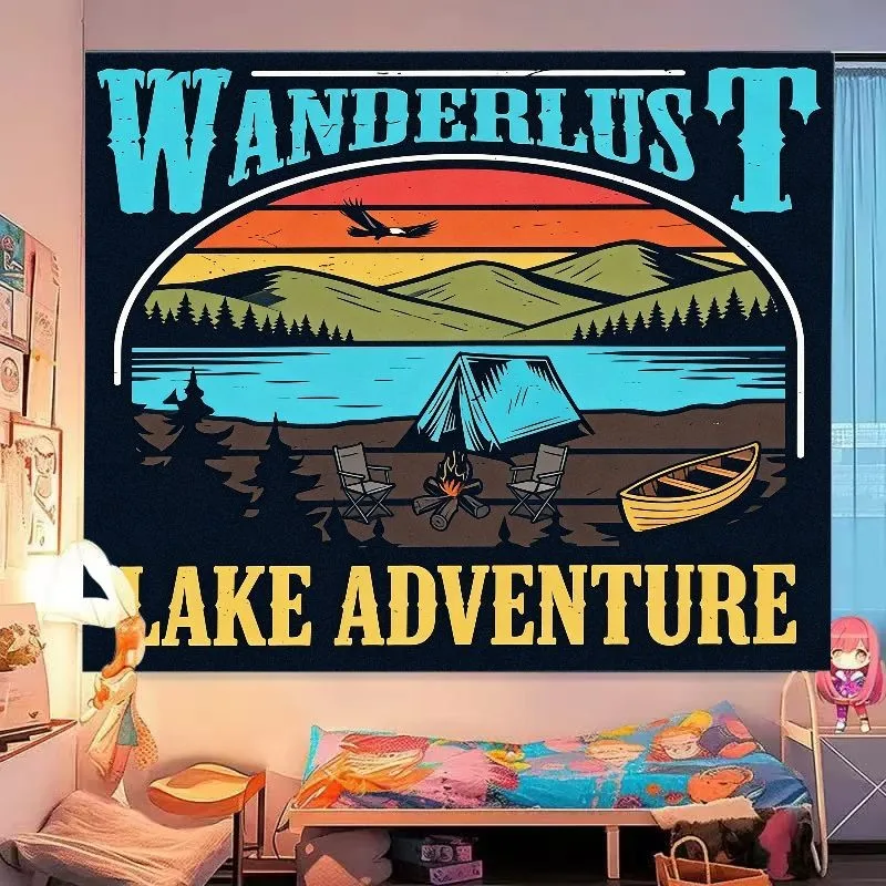 VIKAMA Wanderlust Lake Adventure Tapestry Vintage Camping Tent Graphic Wall Hanging Outdoor Home Decor, Bedroom Decor