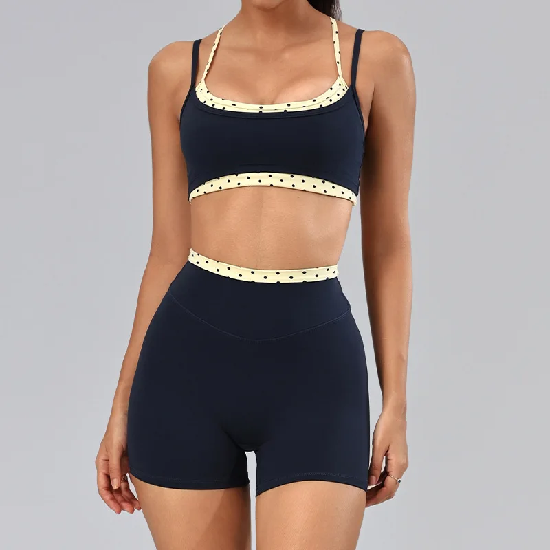2Pcs Fitness Set Women Polka Dot Cross Back Sports Bra Push Up  High Waisted Shorts Gym Quick Dry Workout Yoga Suit