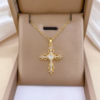 Vintage Cross Necklace for Women High-End Zircon Pendant Stainless Steel Collarbone Chain Jewelry Accessory