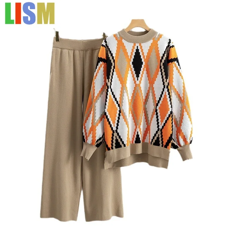 

LISM Women's two pieces set knitted wide leg pants set loose diamond patterned sweater outfit winter pants matching sets