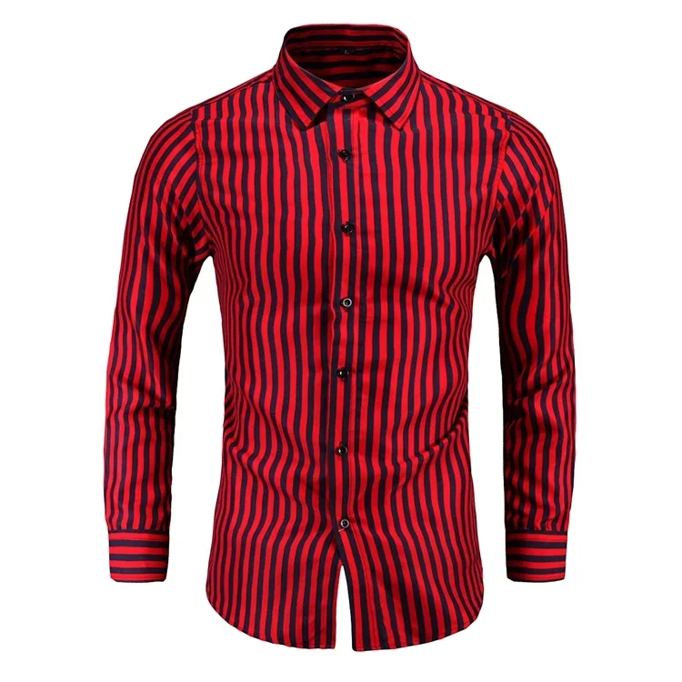 M-7XL Long Sleeve Red Black Striped Shirts For Men Classic Slim Fit Office Social Dress Shirt Mens Business Vintage Chemise Tops