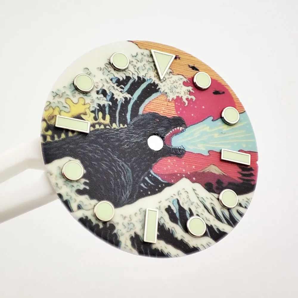 قرص الساعة NH35 Creative Kanagawa 28.5 ملم قرص الساعة لوحة زيتية مضيئة بالكامل متوافقة مع حركات Eta 2824/Miyota 8215