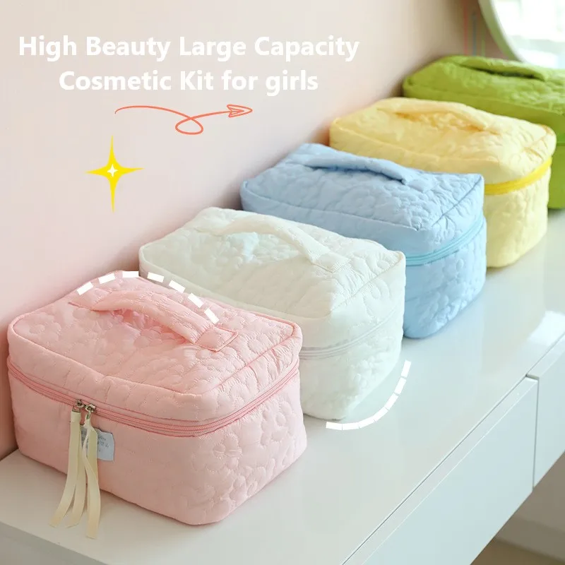 Small Large Flower Quilting Cloth Makeup Bag Women Cosmetic Organizer Female Storage Handbag Box Shape Toiletry Case for Girl