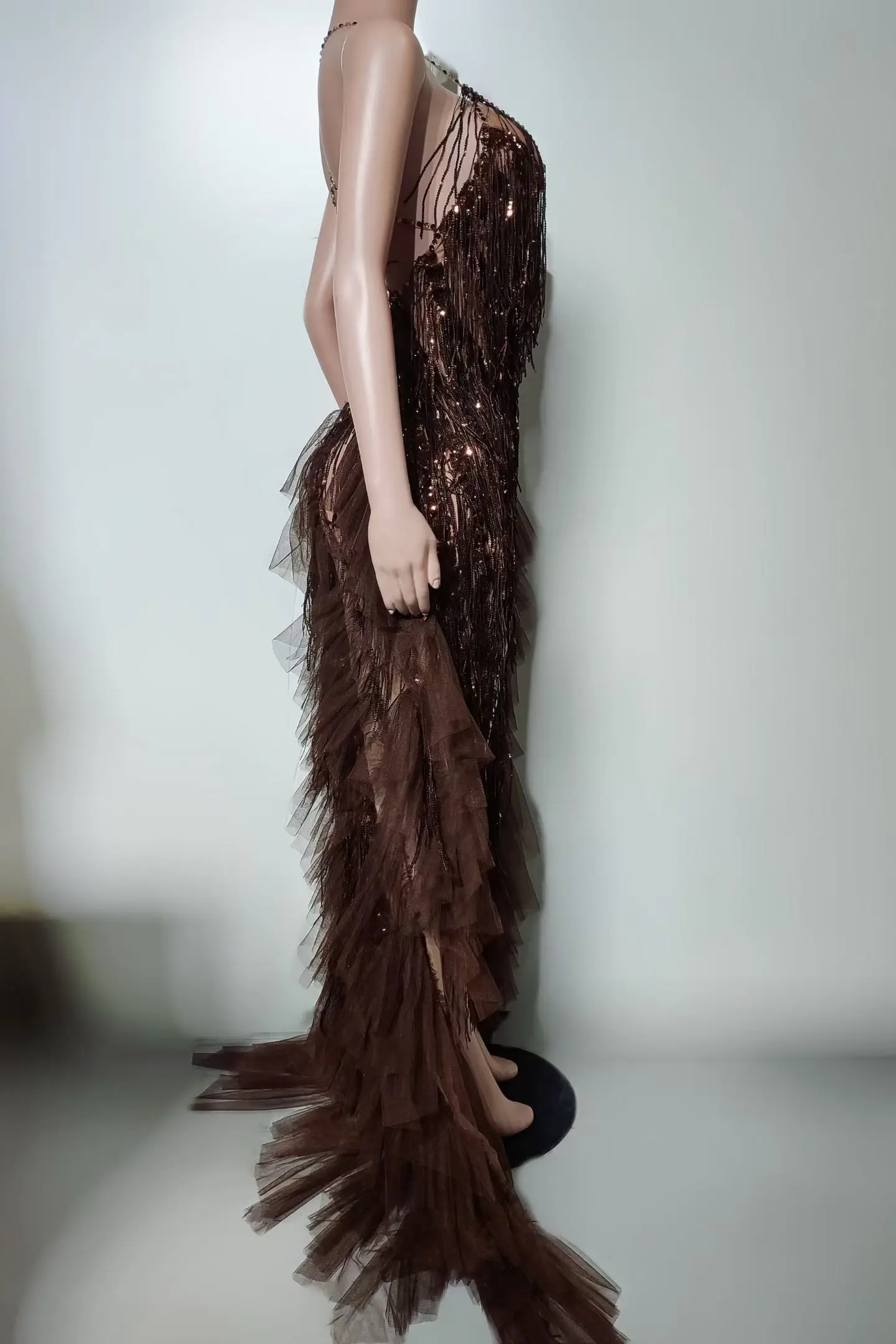 

Модное женское платье-комбинация Kafei с блестящими бахромами и разрезом, длинная юбка, для выступлений на сцене, выпускного вечера, бала, выпускного бала в школе