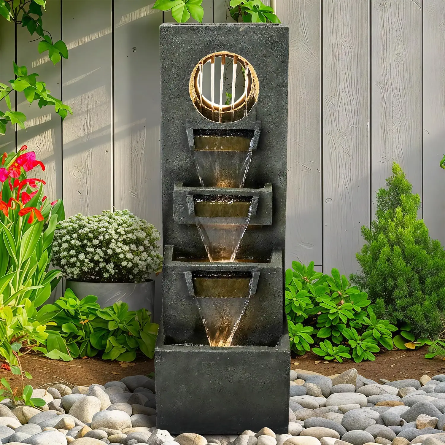 

39.3” H Modern Outdoor Fountain - 4-Tiered Outdoor Garden Fountains with Contemporary Design&LED Light for Garden, Patio, Deck,