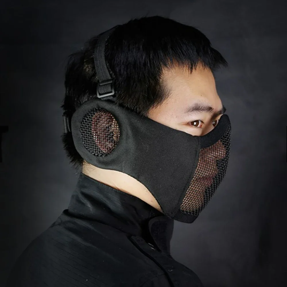 Tactical Airsoft Mask Half Face Paintball Shooting CS Foldable Steel Mesh Mask With Ear Protection Militar Hunting Cosplay Mask