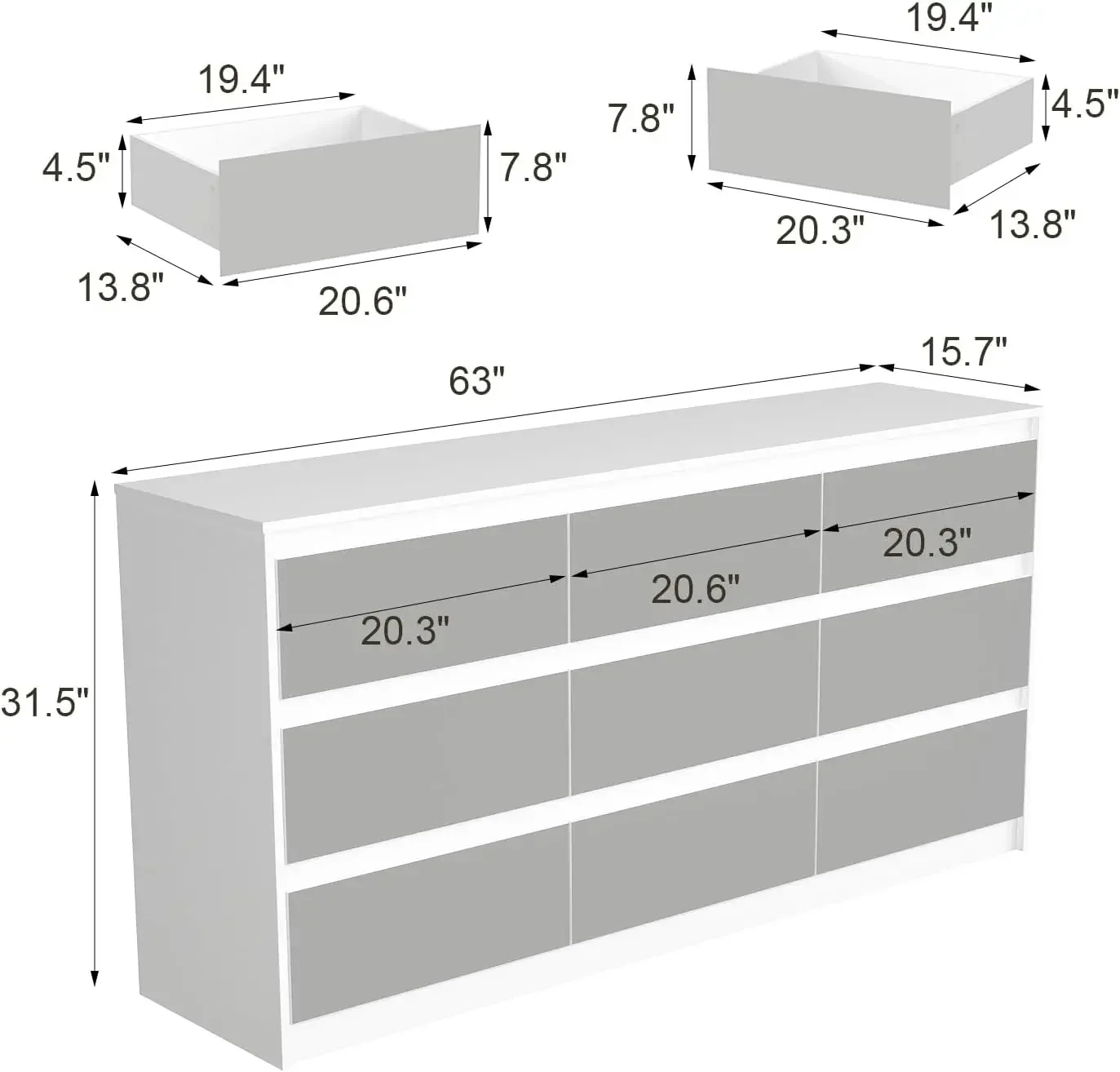 Dresser for Bedroom with 9 Mirrored Drawers, Large Modern Chest of Drawers Handle Free, Freestanding Mirrored Long Dresser