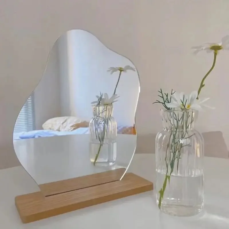Espelho de vaidade irregular em forma de nuvem, espelho decorativo acrílico sem moldura, decoração de casa com suporte de madeira, espelho de maquiagem para quarto