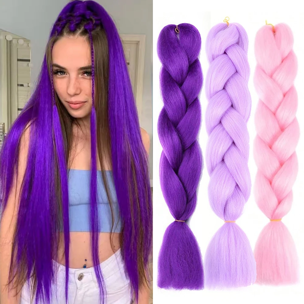 

Фиолетовые легкие косички с эффектом омбре, синтетические вязанные крючком плетения волос, предварительно растягивающиеся цветные яки, Jumbo косички, наращивание волос для женщин