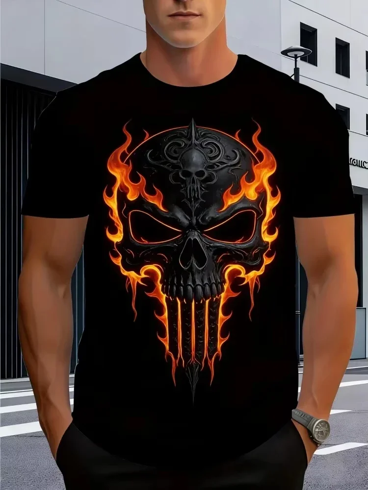 Trend Men's Flaming Skull Print T-Shirt Gothic Punisher Inspired Casual Short Sleeve Tops Dark Street Tee