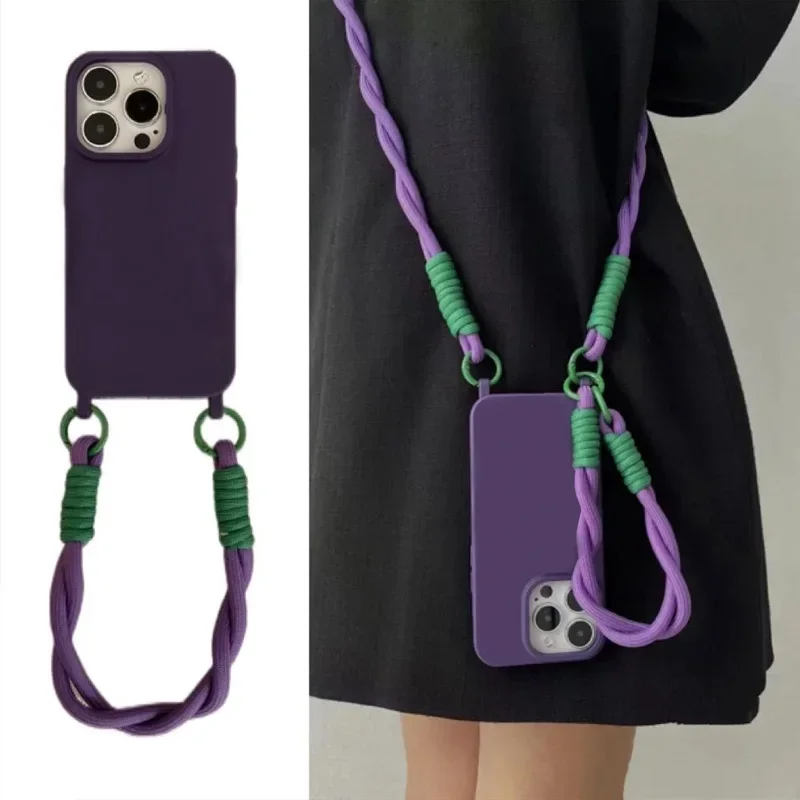 Crossbody Lanyard Necklace Wrist Strap Silicone Phone Case For iphone 16 15 14 13 12 11 15 Pro X XS Max XR Cover