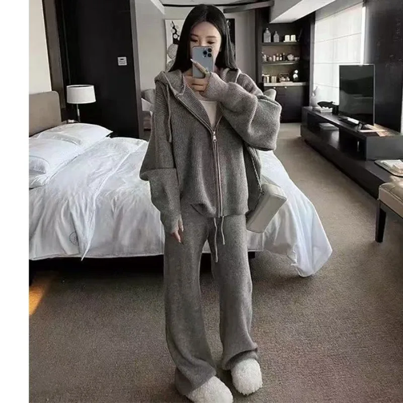 

Свободный мягкий восковой вязаный кардиган с капюшоном в корейском стиле, осень-зима 202, новые повседневные тонкие вязаные топы, брюки для женщин