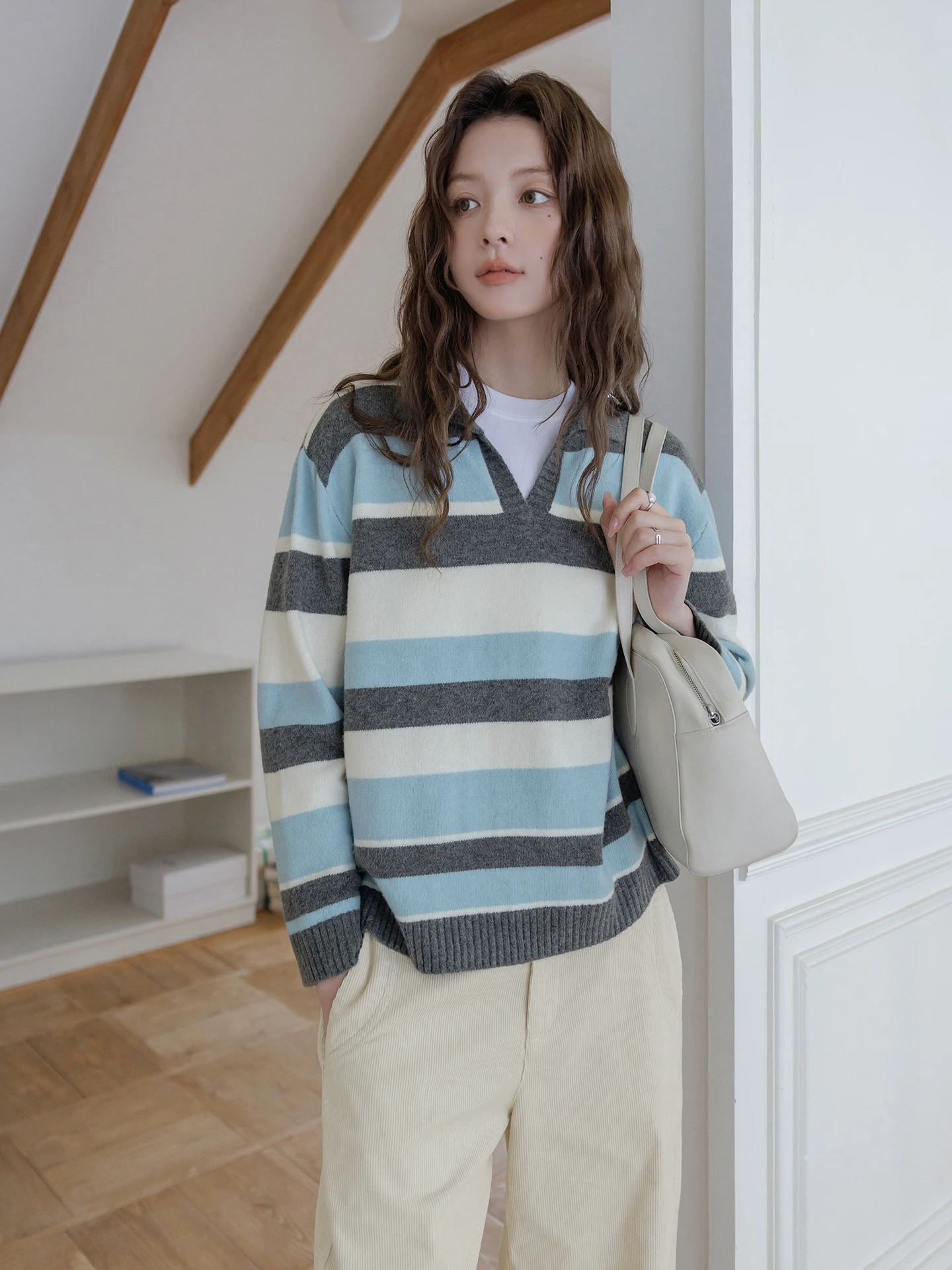 

Mlife Lazy Sle, мягкий сине-белый женский свитер в полоску Ne Overhead Long Sve, осень 202, многослойный трикотаж