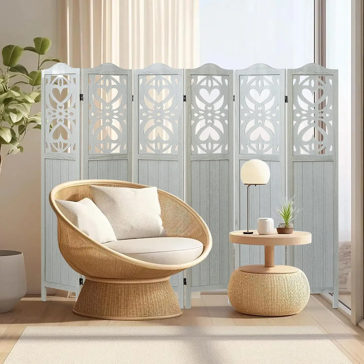 6 Panel Wood Room Divider 5.6Ft Carved Folding Privacy Screen Portable Partition for Room Separation Home Office White, Customiz