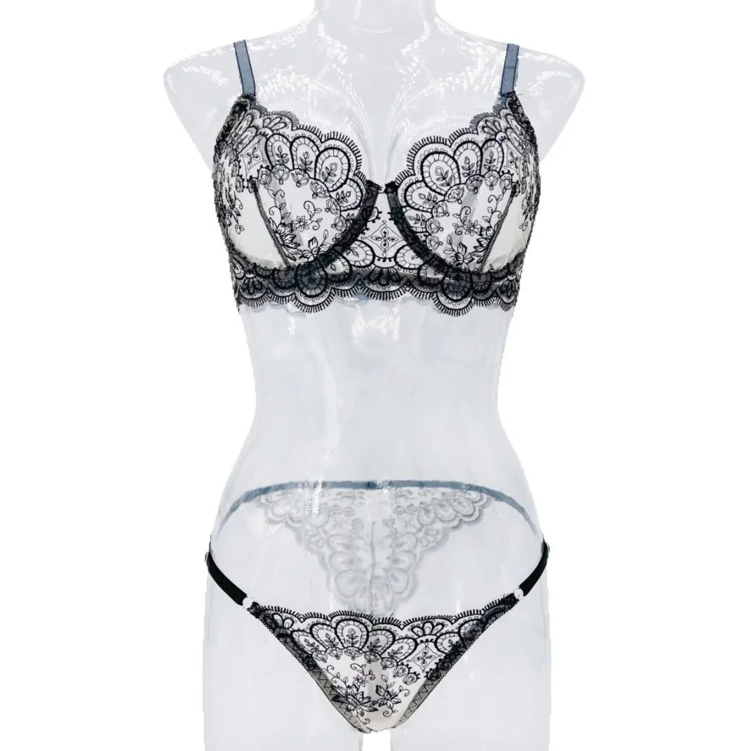 

Комплект женского нижнего белья LingerieWestern: Прозрачный сетчатый бюстгальтер и трусики с вышивкой, черный, с цветочным узором, изысканный, очаровательный, сексуальный комплект.