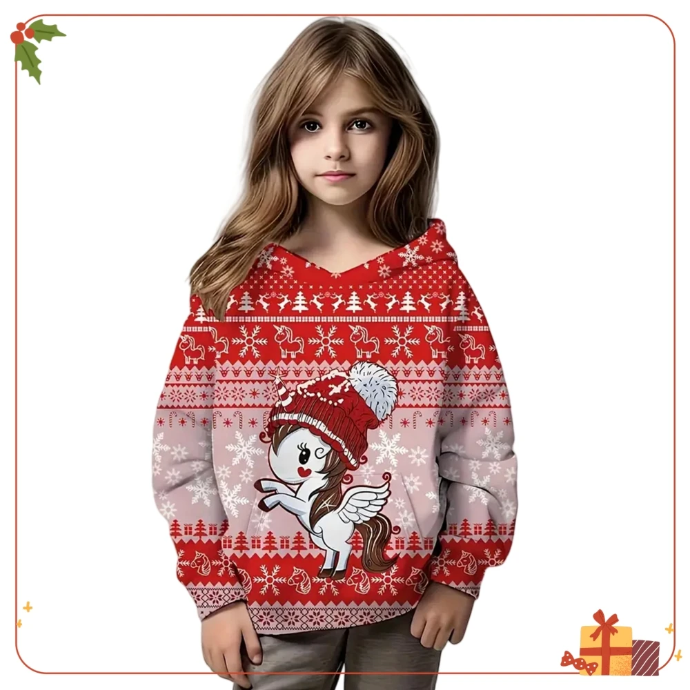 Kids Girls Clothes Christmas Unicorn 3D Print Hoodie Festive Sweatshirt for Girls Long Sleeve Casual Autumn Children's Clothing