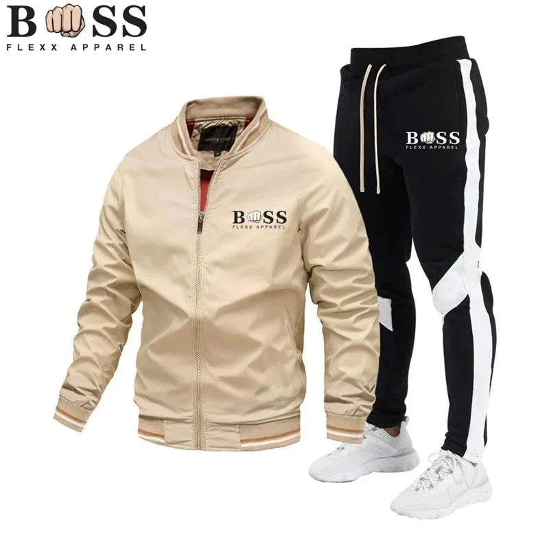 BSS FLEX APPAREL-High Quality Casual Jacket Set for Men, Spliced Pants, Baseball Stand Neck, Windproof, Spring and Autumn, New