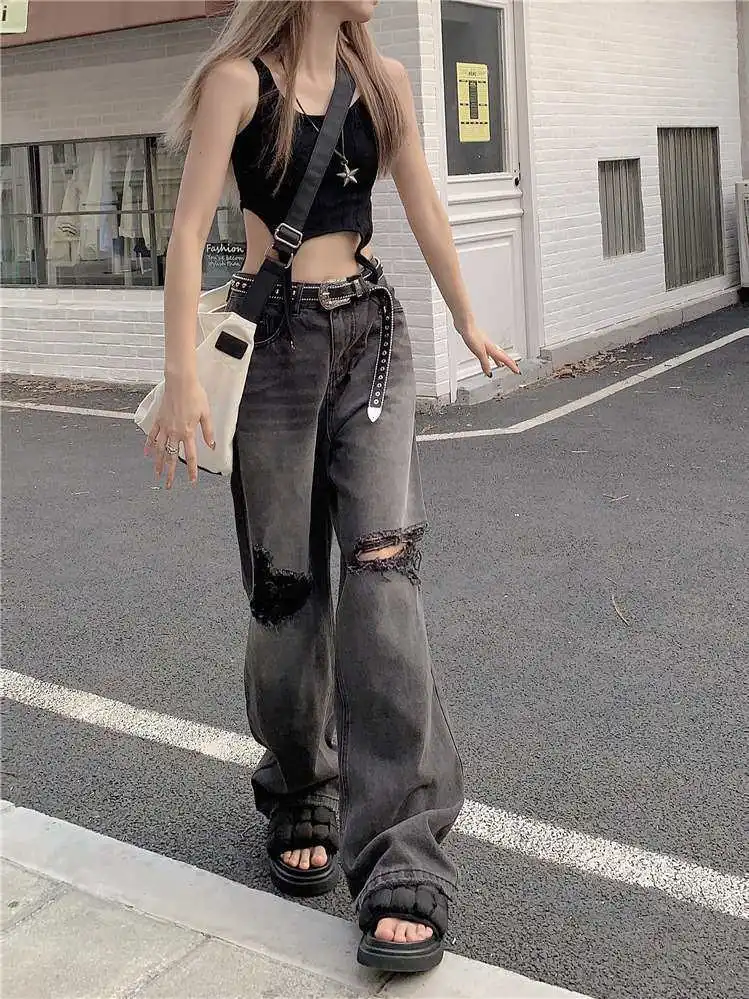 

Женские рваные джинсы прямого кроя с низкой посадкой, широкие штанины, из искусственной кожи, с высокой эластичностью, весна-лето-осень, с высокой талией, Cleanfit