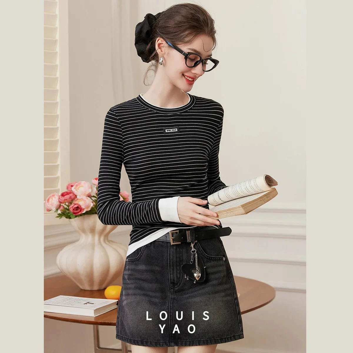 

Женская полосатая футболка с длинным рукавом, весна 2026, с цветовыми блоками, приталенная, элегантная, эластичная, с обычным кроем плеча