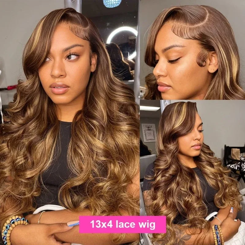 Destaque ombre 13x4 peruca dianteira do laço cabelo humano pré arrancado onda do corpo hd transparente 4/27 mel loira peruca frontal do laço 200%