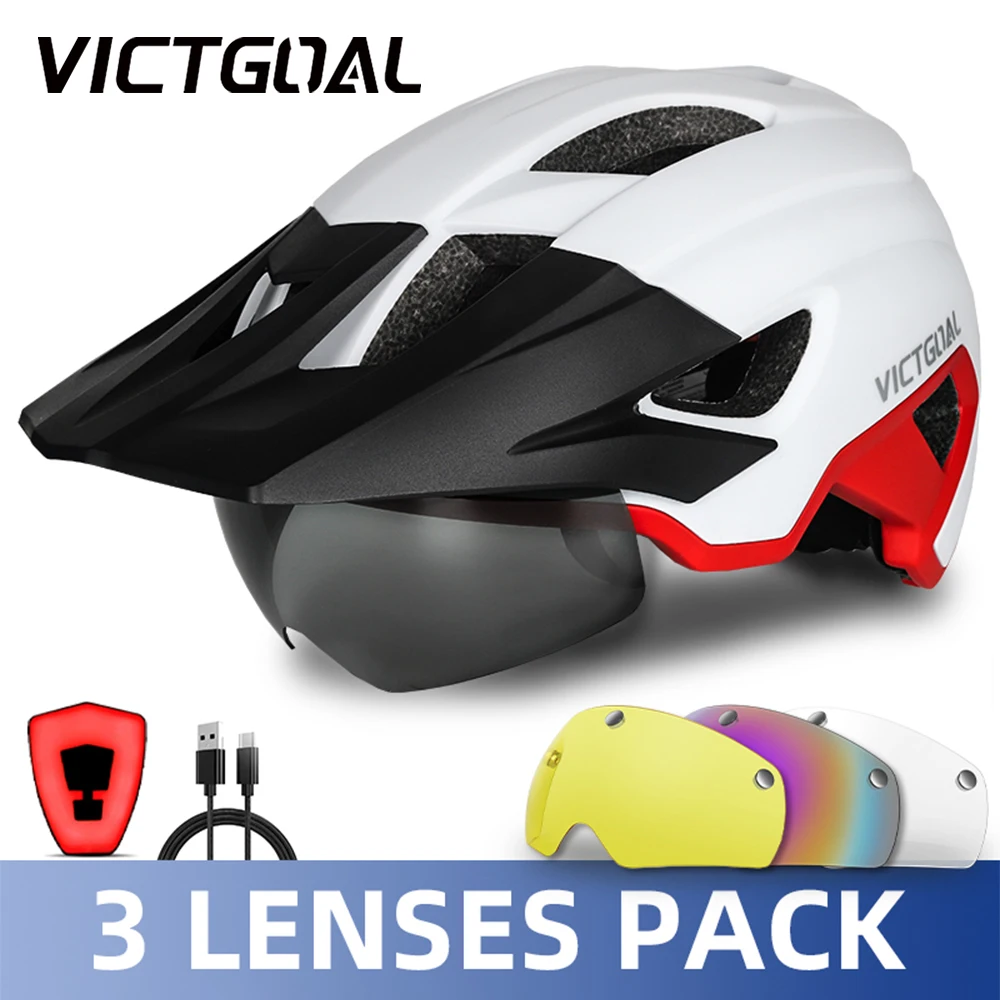 

VICTGOAL Men Goggle Bike Helmet with USB LED Rechargeable Taillight Sun Visor Bicycle Helmet Mountain Road Cycling Helmet Shield